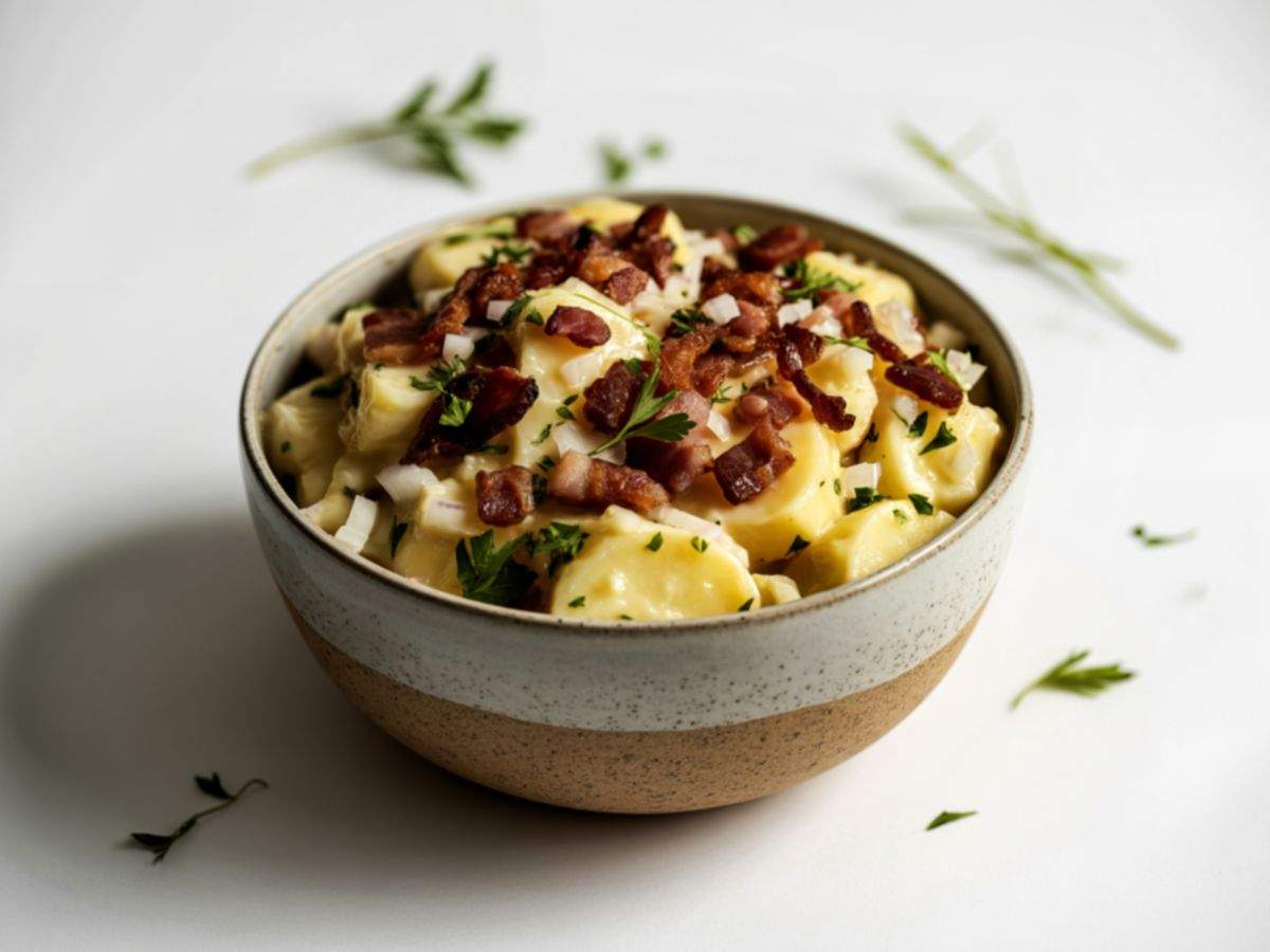 una ciotola di patate con cheddar e bacon