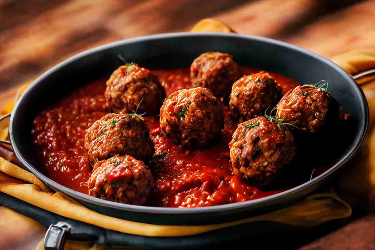 Delle polpette al sugo con salsiccia e finocchietto in una padella