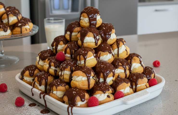 Bignè veloci a piramide in una teglia su tavolo