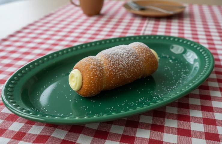 un cannolo di graffa alla crema in un piatto verde