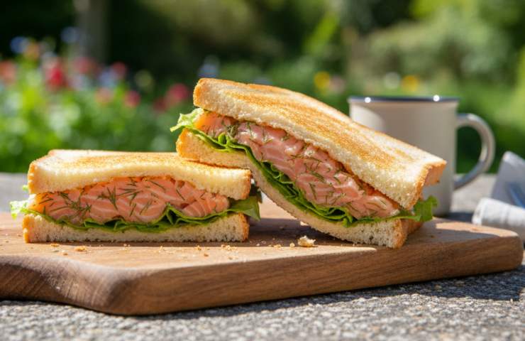 Due Club Sandwich Tartare Salmone su un tagliere di legno all'aperto