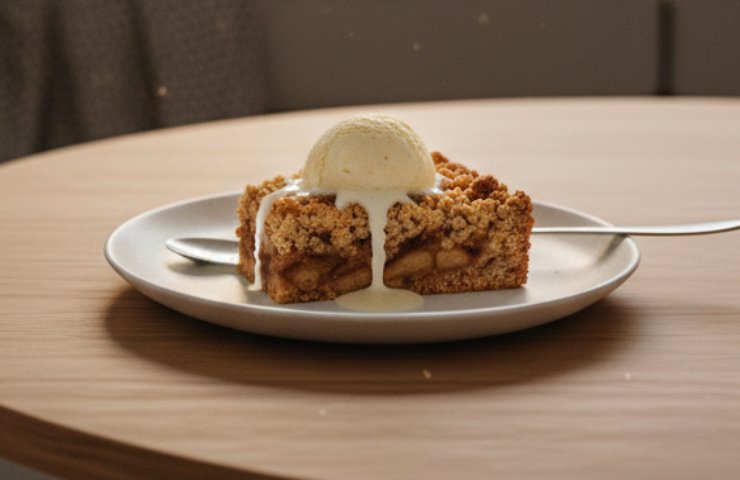 una fetta di crumble di mele e cannella con una palla di gelato sopra
