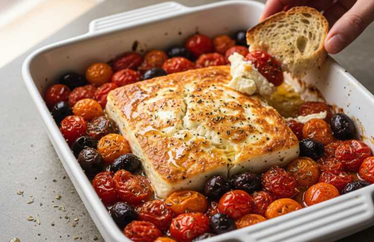 Feta al Forno con Pomodorini e Olive in una pirofila bianca