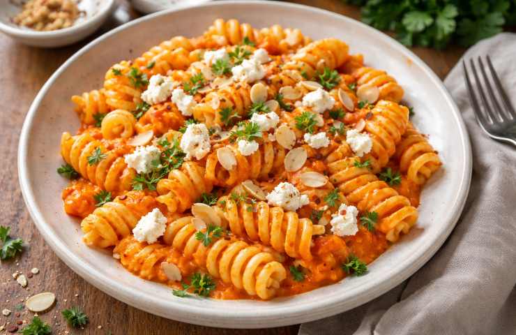 Fusilloni con Crema di Peperoni Arrostiti, Feta e Mandorle Tostate in un piatto
