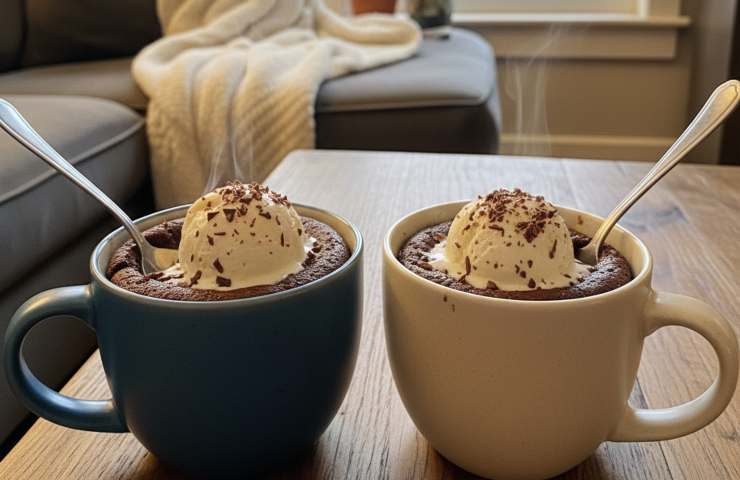 Due tazze di Mug Cake al cioccolato su tavolino di legno