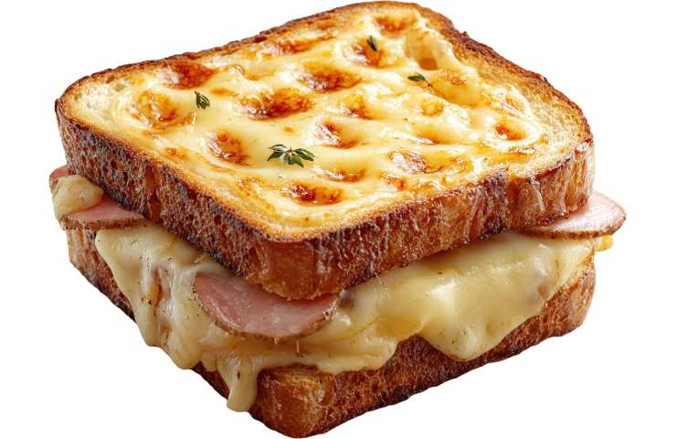 Panino Croque Monsieur su sfondo bianco
