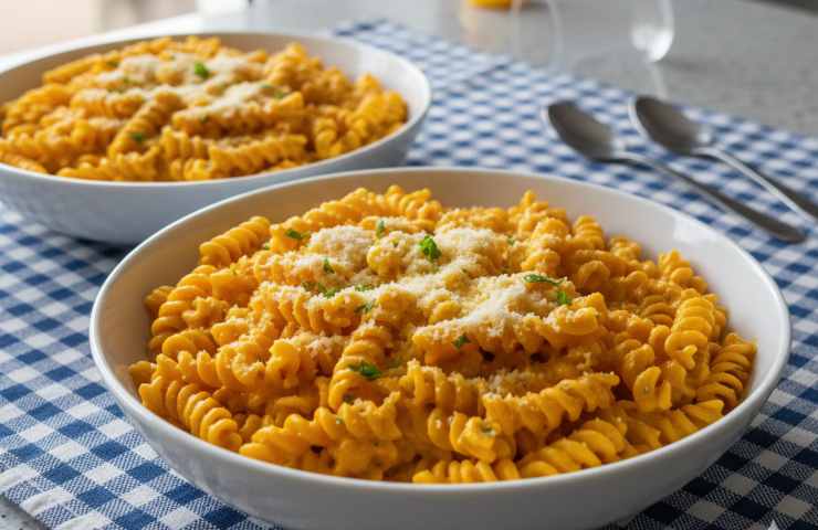 Pasta alla Crema Dolce di Carote in due piatti su tovaglia a quadratini bianchi e blu