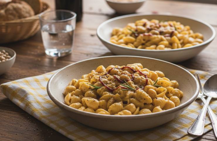 Due piatti di Pasta con Crema di Peperoni Arrostiti e Feta su tavola apparecchiata