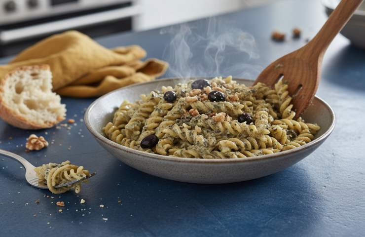 Pasta Gorgonzola e Olive Nere in un piatto con mestolo di legno