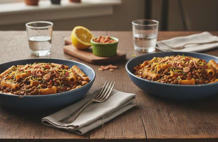 Pasta e Lenticchie Azzeccata con Pancetta e Limone in due piatti su tavolo di legno