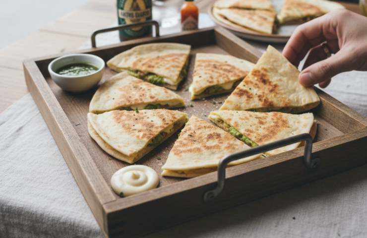 Piadina Pollo e Avocado tagliata in sette spicchi in un vassoio di legno