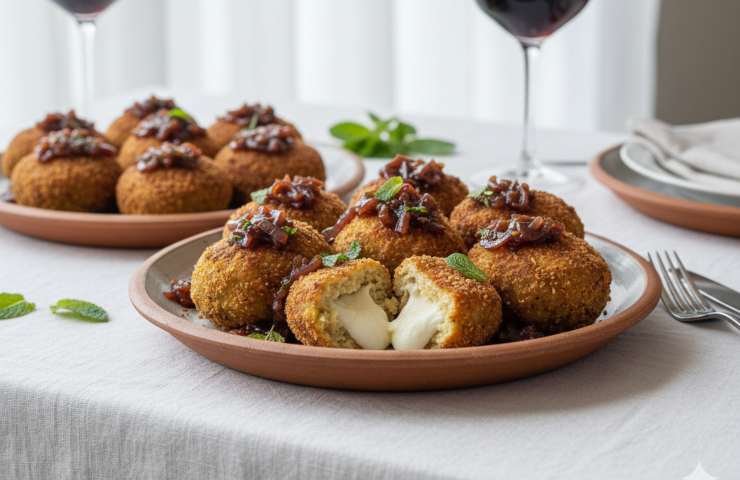 Polpette di Melanzane con formaggio Caprino e mostarda di cipolla rossa in due piatti su tavola con tovaglia bianca