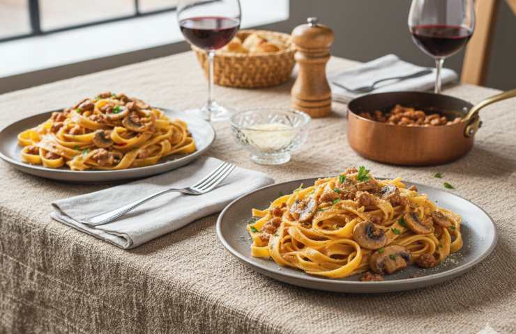 Due piatti di Tagliatelle alla Boscaiola su tavola apparecchiata