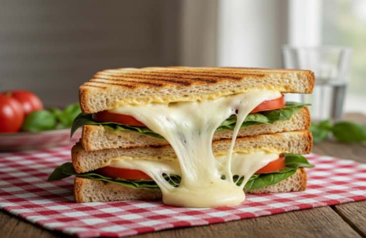 tramezzino grigliato su tovaglia a scacchi bianchi e rossi