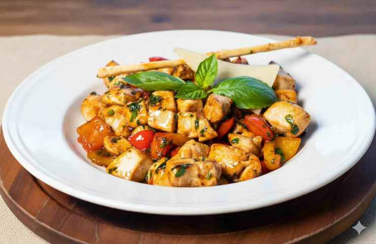 bocconcini di pollo con peperoni in un piatto