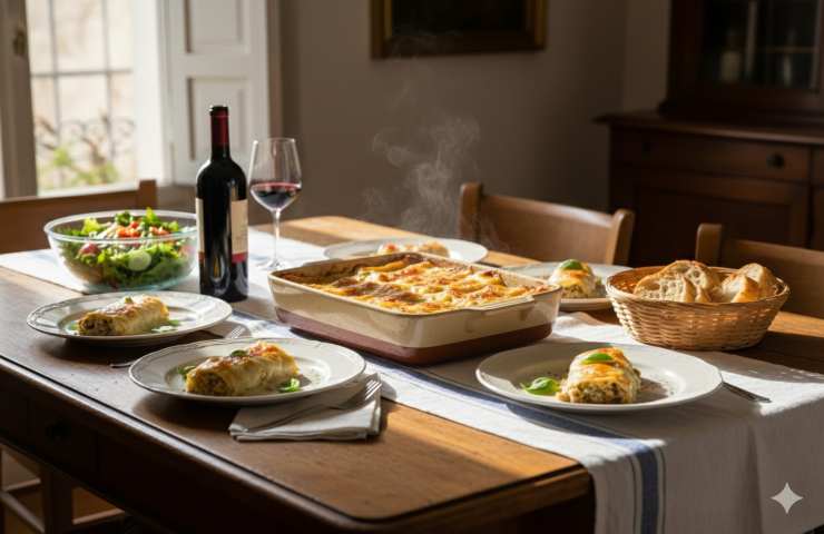 cannelloni bianchi ripieni con macinato, ricotta e spinaci in teglia e piatti su tavola imbandita