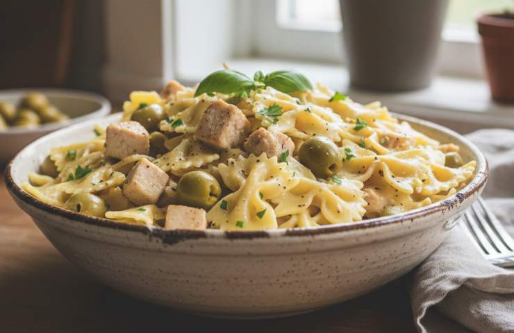 Farfalle pollo ed olive verdi in una insalatiera su un tavolo