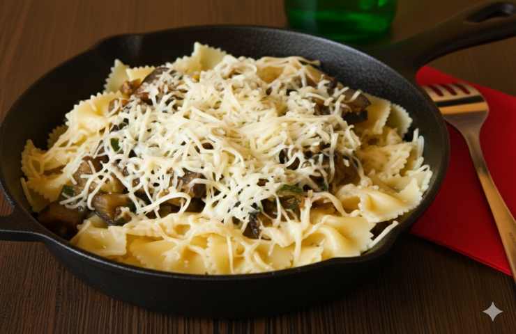 Farfalle spadellate con dadolata di verdure e pioggia di formaggio in una padella