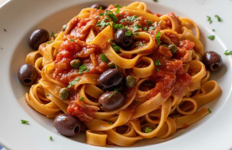 Fettuccine alla Puttanesca di Gaeta in un piatto in primo piano