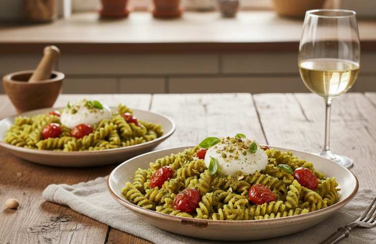 Due piatti di fusilli con pesto di pistacchio e pomodorini