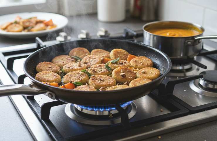 Gnocchi di Pane Croccanti su Crema di Zucca Arrostita e Nocciole Tostate mentre cuociono in una padella