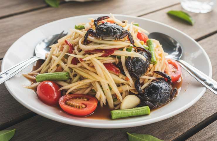 Insalata di papaya verde con granchio nero fermentato in un piatto su tavolo di legno