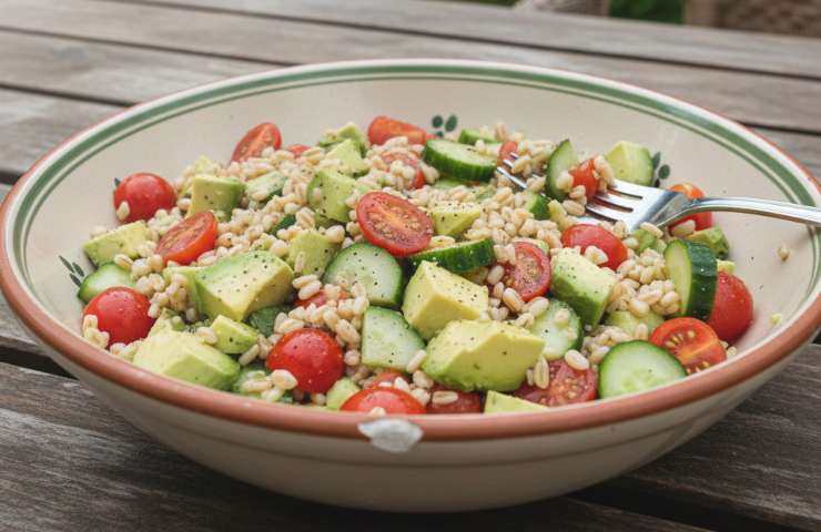 insalata di farro e avocado in una ciotola