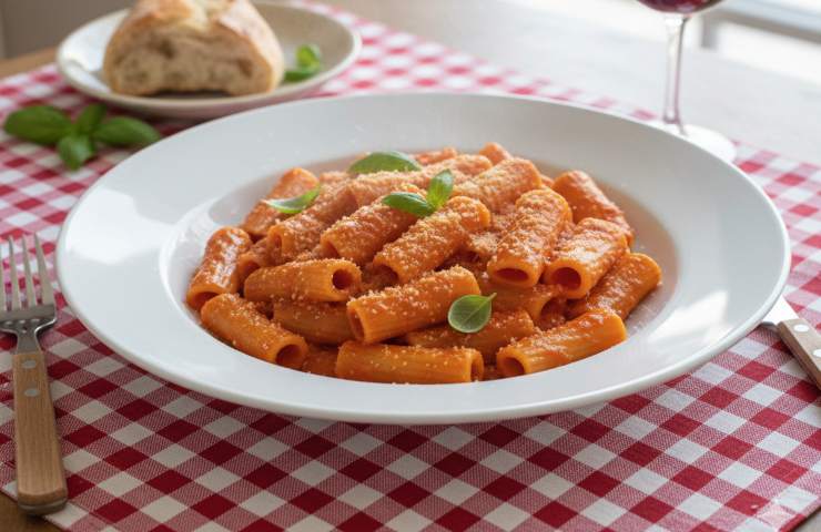 paccheri alla Vittorio in un piatto su tavola con tovaglia a quadretti bianchi e rossi