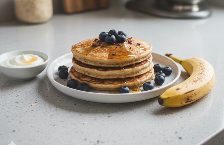 Pancake banana ed avena in un piatto in cucina