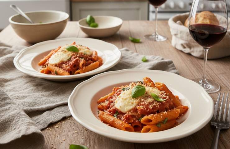 Due piatti di pasta al forno veloce su tavola apparecchiata