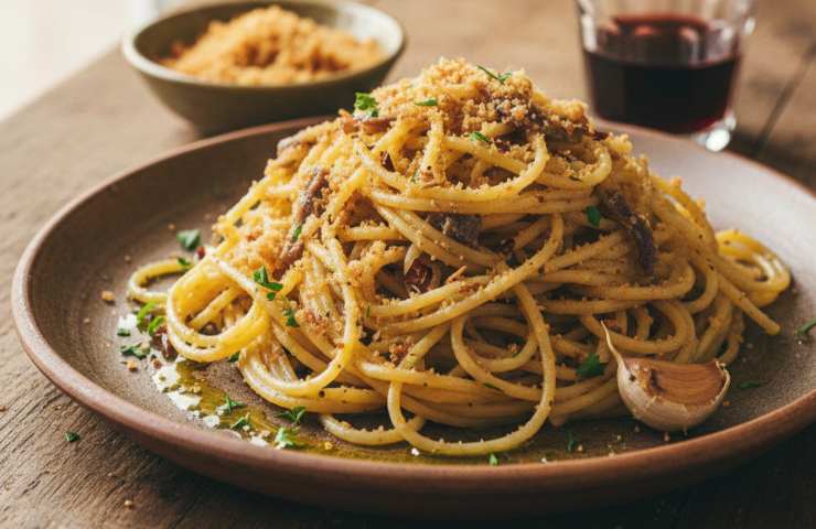 Pasta molliche ed acciughe in un piatto