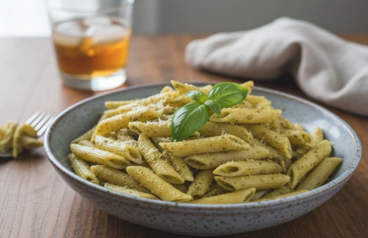 Pasta al pesto cremosa in un piatto su tavola apparecchiata