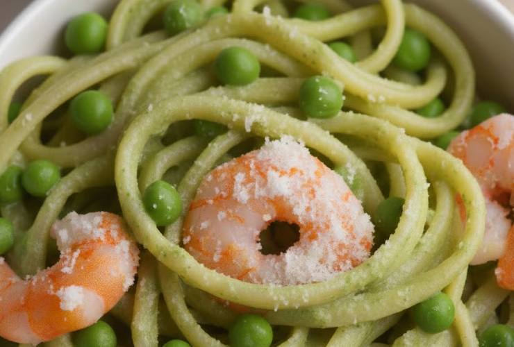 primo piano di pasta piselli e gamberi