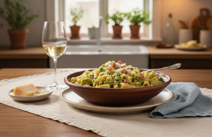 Un piatto di pasta e piselli su tavola con tovaglia