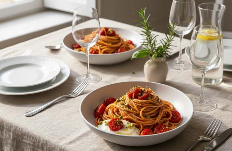 Due piatti di Pasta al Pomodorino Confit, Crema di Burrata e Granella di Pistacchio su tavola apparecchiata