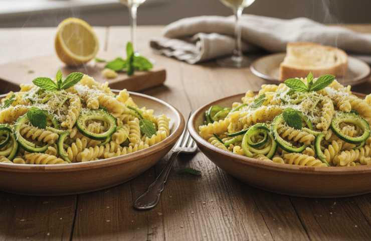 Due piatti di pasta risottata al limone e zucchine su tavola apparecchiata