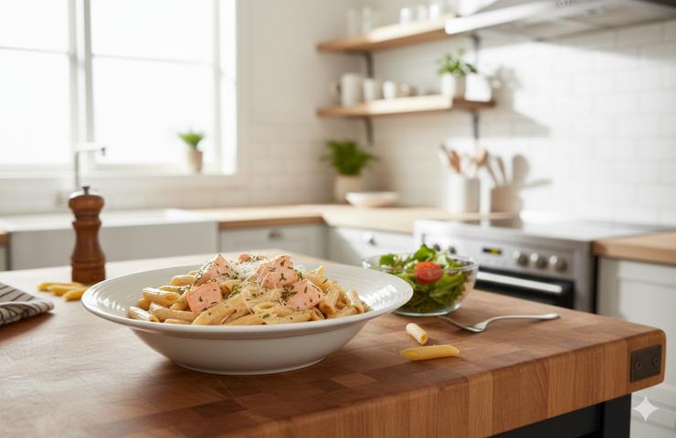 Un piatto di pasta al salmone cremosa su un tavolo di legno in cucina
