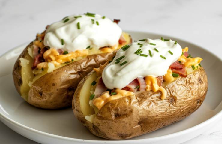 Due patate ripiene al forno in un piatto