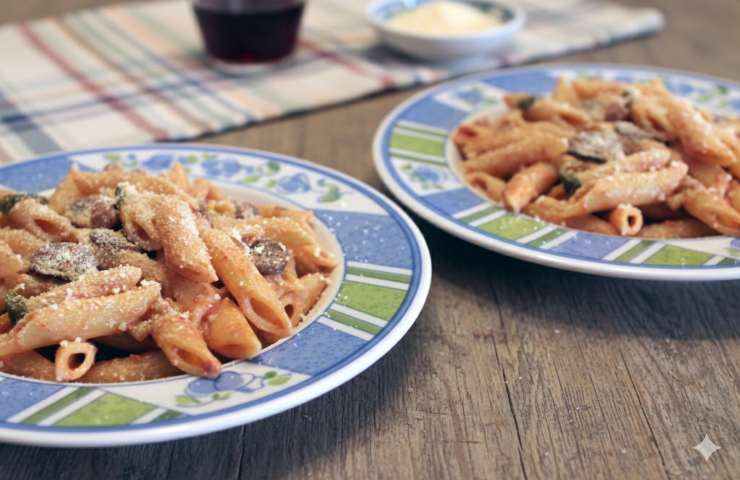 Due piatti di penne alla mediterranea