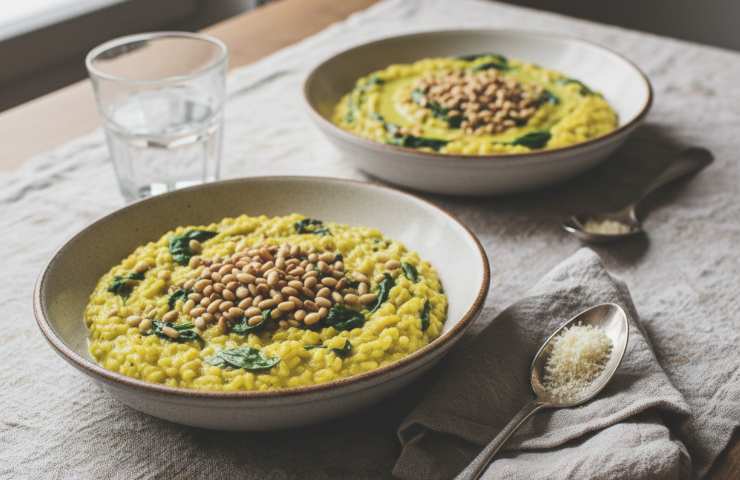 Risotto cremoso agli Spinaci, Curcuma e Pinoli tostati in due piatti su tavolo con tovaglia