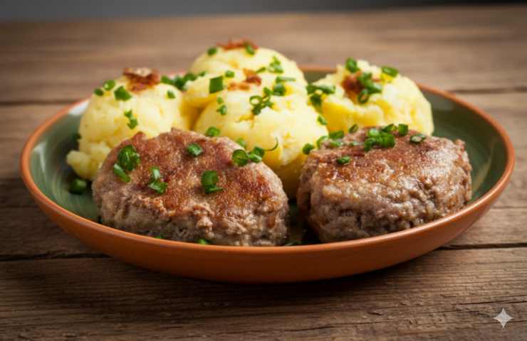 Polpette di carne schiacciate in padella con purè di patate in un piatto scuro in un piatto su tavolo di legno