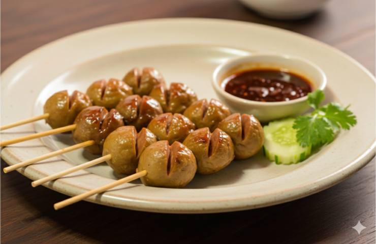 polpette grigliate allo spiedo in un piatto con salsa