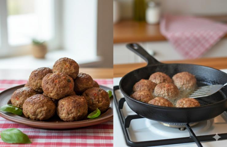 Polpette morbide in un piatto ed in una padella