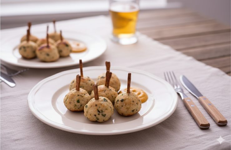Polpettine di pollo (o tacchino) e zucchine in due piatti su tavola apparecchiata