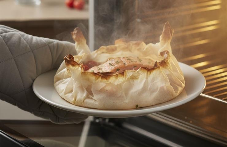 cartoccio di salmone appena estratto dal forno