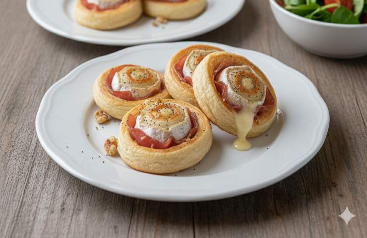 Delle spirali di sfoglia con speck e brie in un piatto