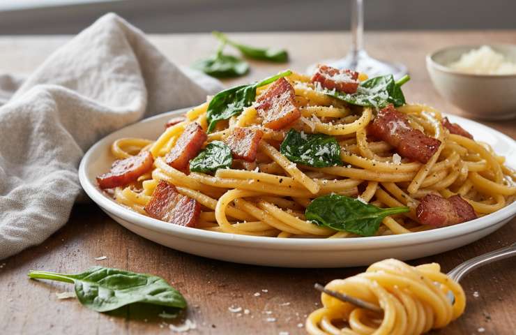 paghettoni, guanciale croccante e spinaci in un piatto su tavolo marrone