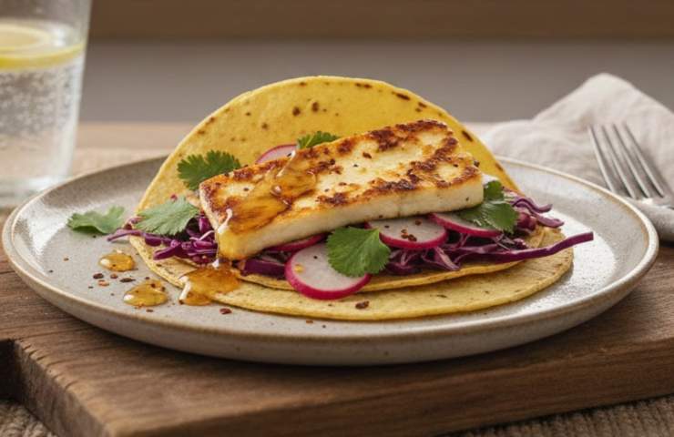 Un taco halloumi e miele su un tavolo