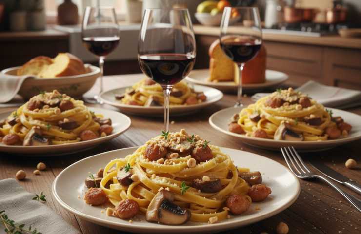 Dei piatti di tagliatelle ai funghi porcini, salsiccia e taleggio su una tavola apparecchiata