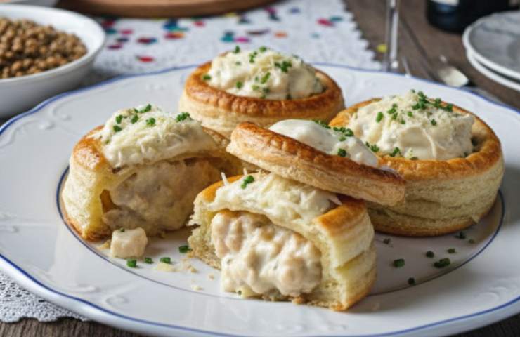 vol-au-vent al pollo e besciamella aperti in un piatto bianco